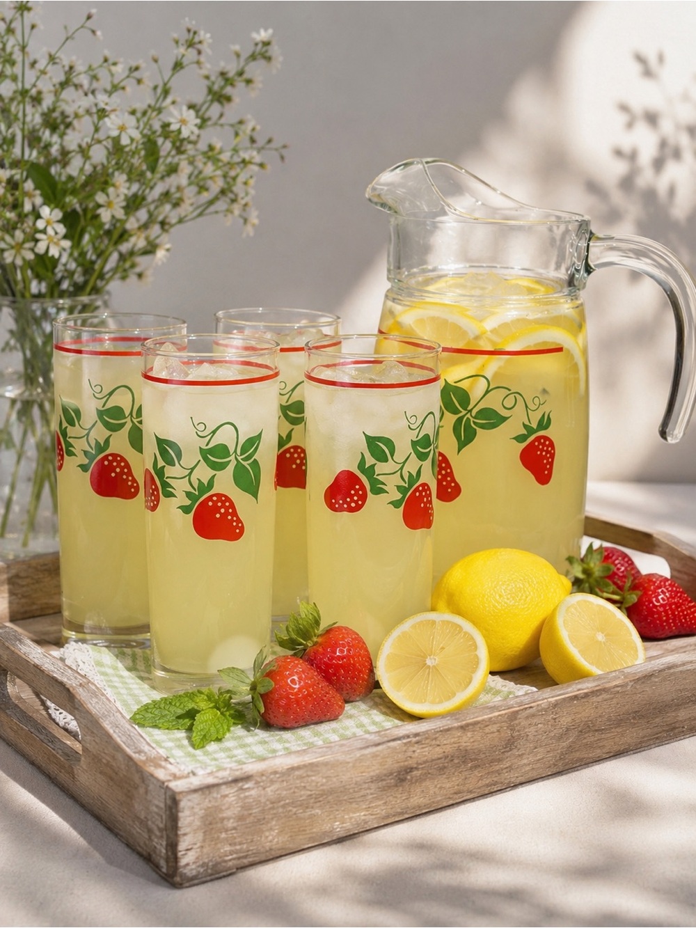 Vintage Teleflora frosted glass strawberry pitcher and 4 tumblers